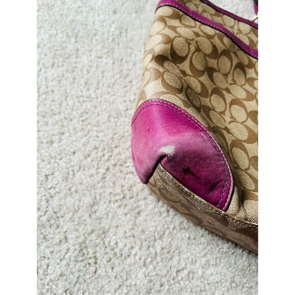 COACH LEATHER CARRYALL IN SIGNATURE CANVAS KHAKI LILAC LEATHER TOTE BAG - Picture 3 of 16